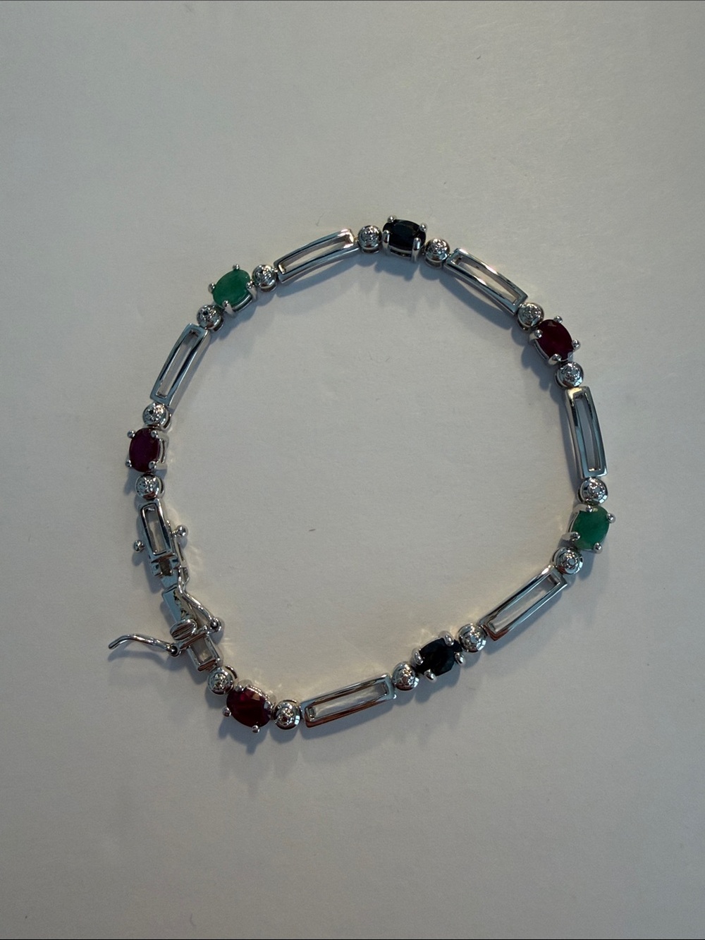 Sterling Silver Multi-Gemstone Bracelet - Green, Red, Black Stones